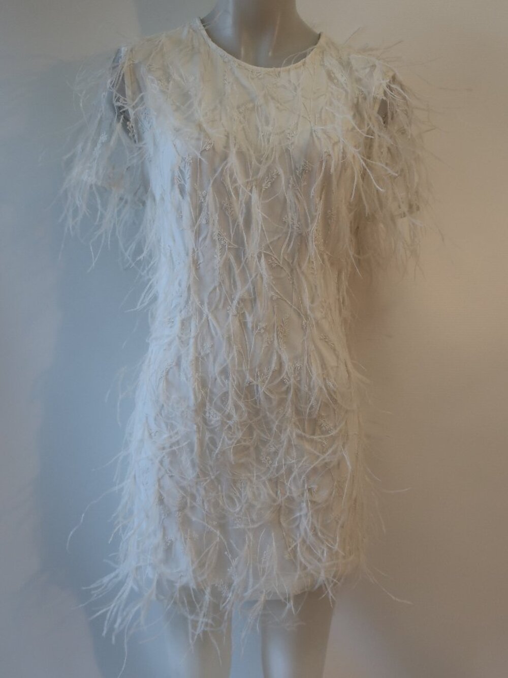 NWT Women Milly Rana White (Item-7014) Short Sleeve Feather Mini Shift Dress S - Picture 7 of 14